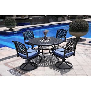 Darling Dark Bronze 5-Piece Aluminum Outdoor Dining Set with Round Table, Swivel Chairs with Blue Cushions