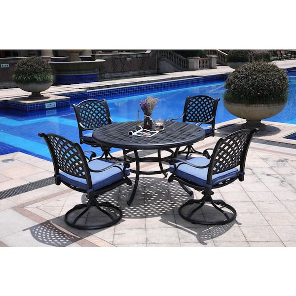 Mondawe Darling Dark Bronze 5-Piece Aluminum Outdoor Dining Set with Round Table, Swivel Chairs with Blue Cushions