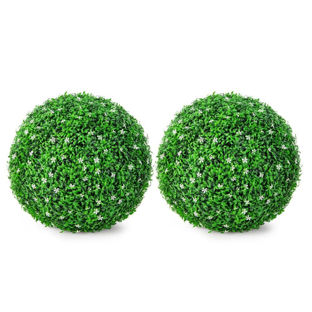 Gymax 2Pcs Artificial 19 in. White Flower Grass Topiary Balls Faux