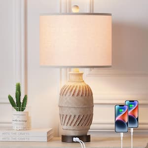 23 in. Beige Resin Table Lamp with 2 USB Ports
