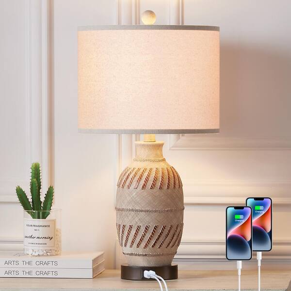 Cinkeda 23 in. Beige Resin Table Lamp with 2 USB Ports