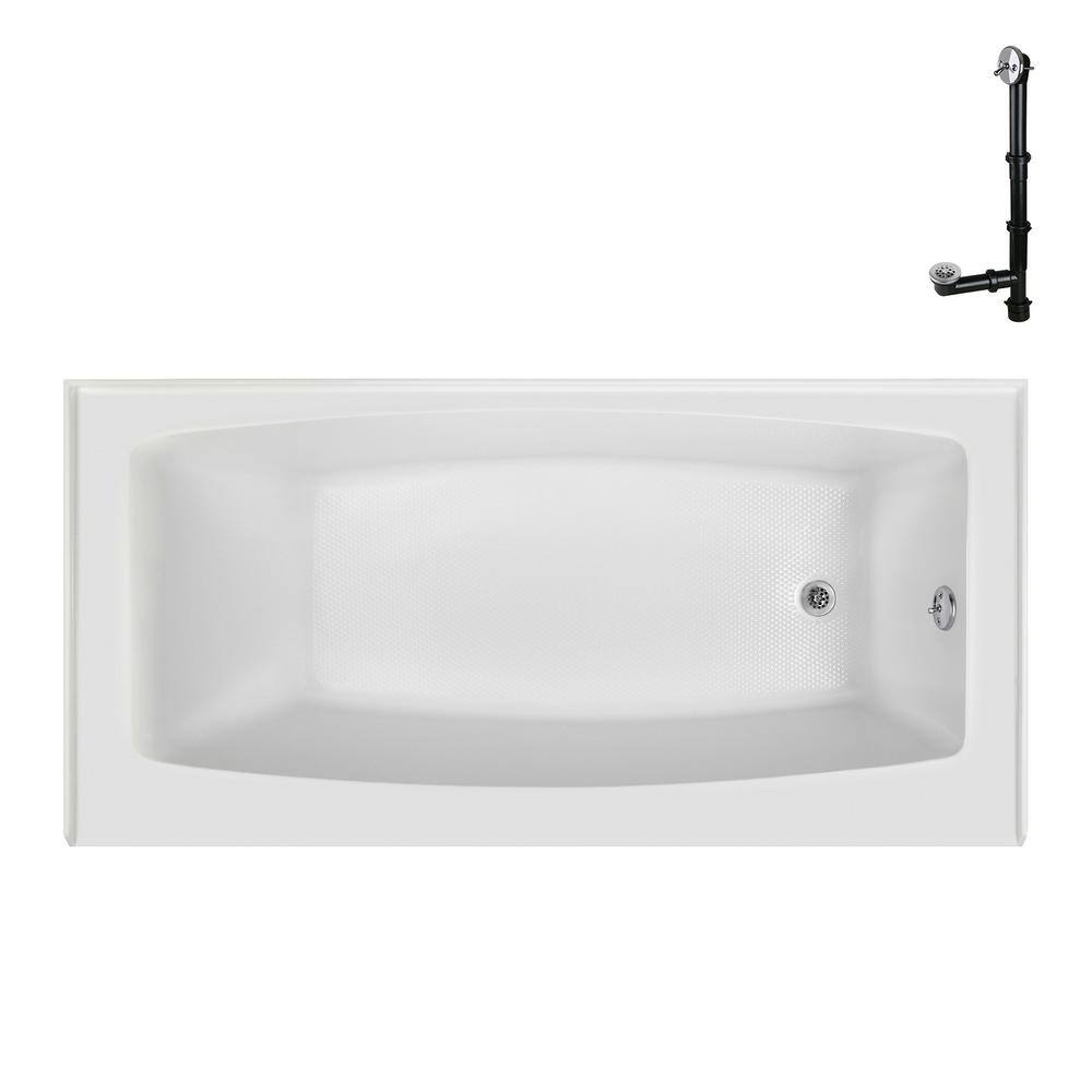 Glossy White Acrylic Right-Hand Drain Alcove Bathtub with Polished Chrome External Drain