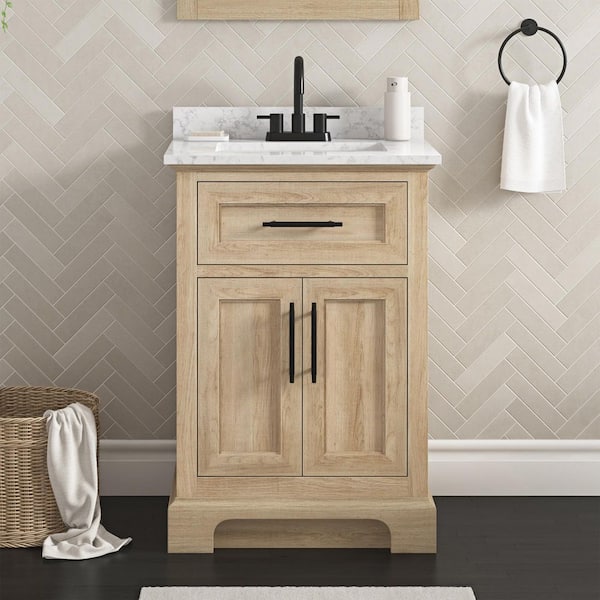 Doveton 24 in. Single Sink Freestanding Weathered Tan Bath Vanity with White Engineered Marble Top (Assembled)