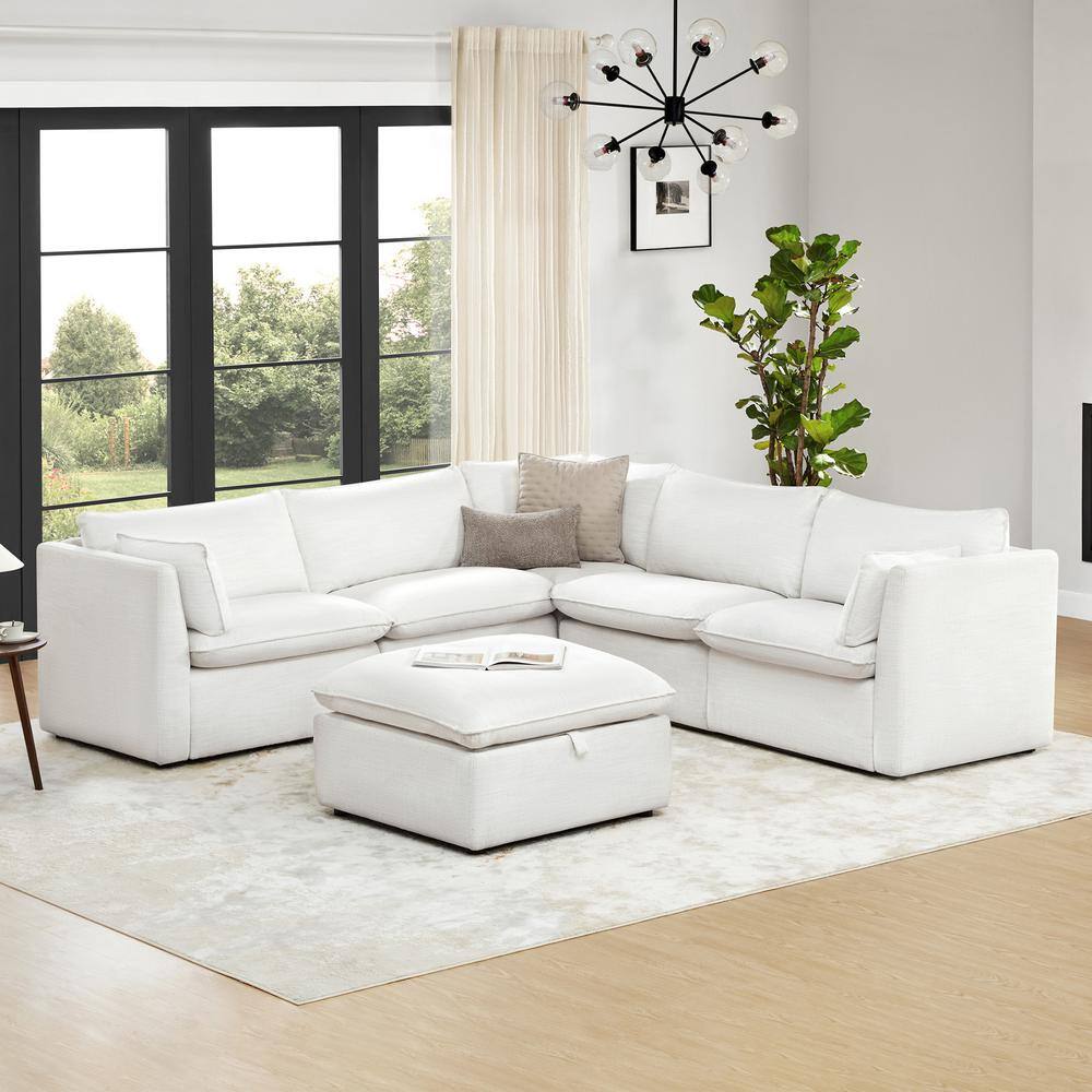 Beige Modular Fabric 5-Piece Sectional Sofa with Wood Frame