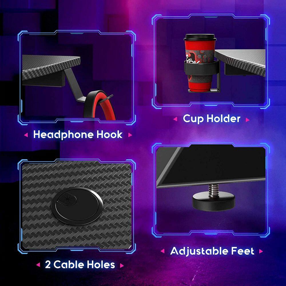 31-Inch Black Carbon Fiber Gaming Desk with Cup Holder and Headphone Hook