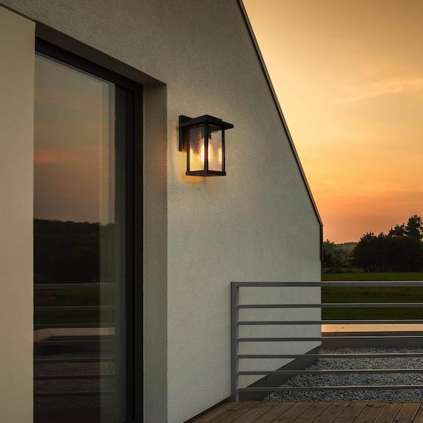 1-Light Black Modern Farmhouse Outdoor Wall Lantern Sconce with Water Glass Shade