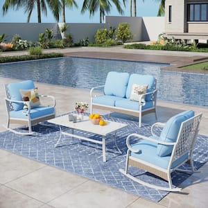 White 4-Piece Metal Outdoor Patio Conversation Seating Set with Rocking Chairs, Marbling Coffee Table and blue Cushions