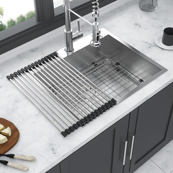 25 in. Drop-In Single Bowl 18-Gauge Brushed Nickel Stainless Steel Kitchen Sink with Bottom Grids