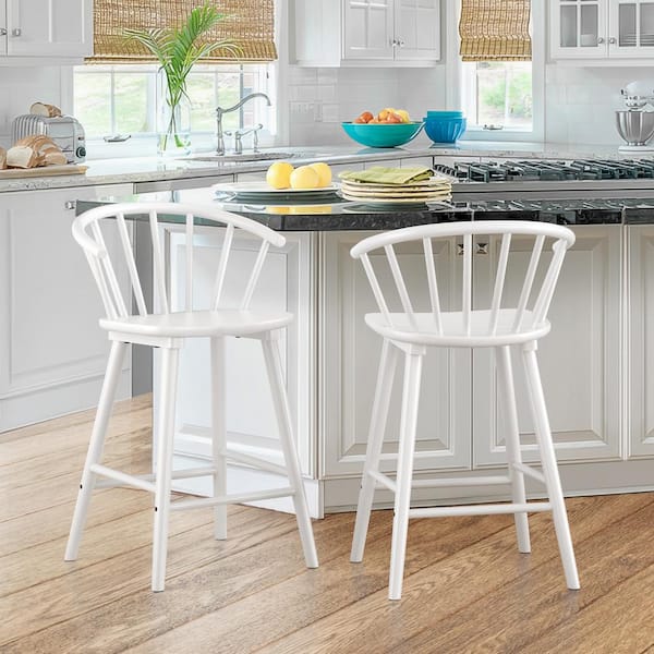 LUE BONA Winson Windsor 24 in. White Solid Wood Bar Stool for Kitchen Island Counter Stool with Spindle Back Set of 2