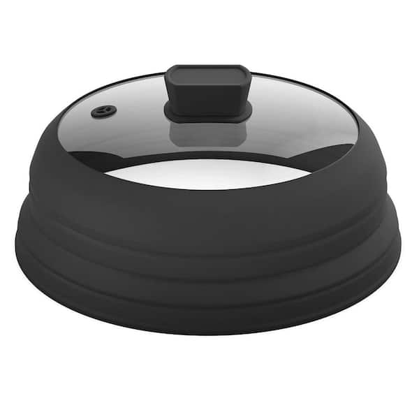 11.8 in. Black Glass Microwave Splatter Guard Lid with Collapsible Silicone for Food Pot Plate Cover