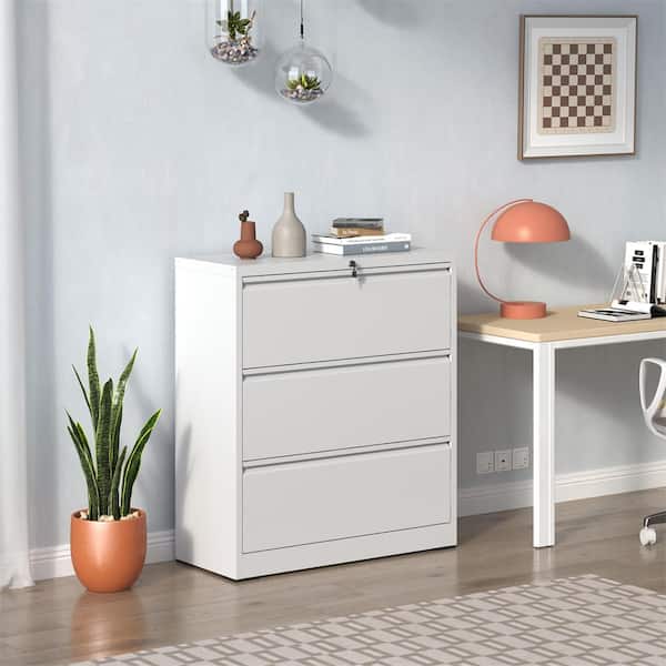 Kahomvis White 40 in. H Metal Office Storage Cabinet Steel Lateral File Cabinet with Lock and 3 Drawers