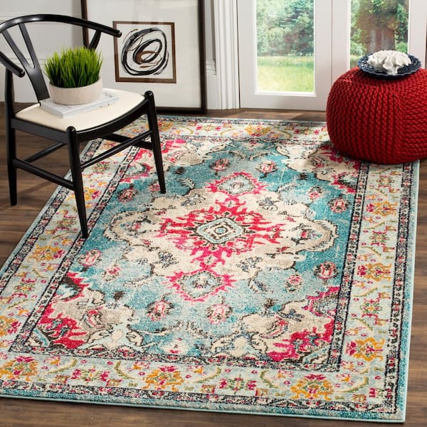Monaco 4 ft. x 6 ft. Light Blue/Fuchsia Border Area Rug