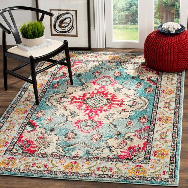 Monaco 5 ft. x 5 ft. Light Blue/Fuchsia Square Border Area Rug