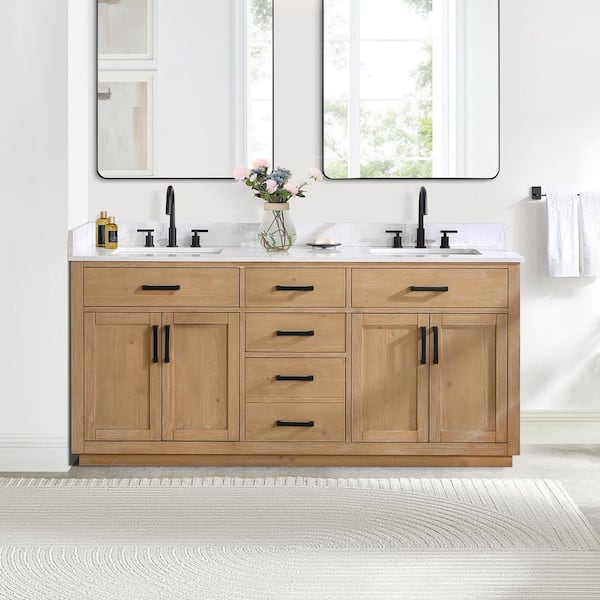Gavino 72 in. W x 22 in. D x 34 in. H Bath Vanity in Light Brown with Grain White Composite Stone Top