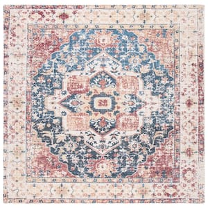 Saffron 6 ft. x 6 ft. Beige/Blue Ornate Distressed Medallion Square Area Rug