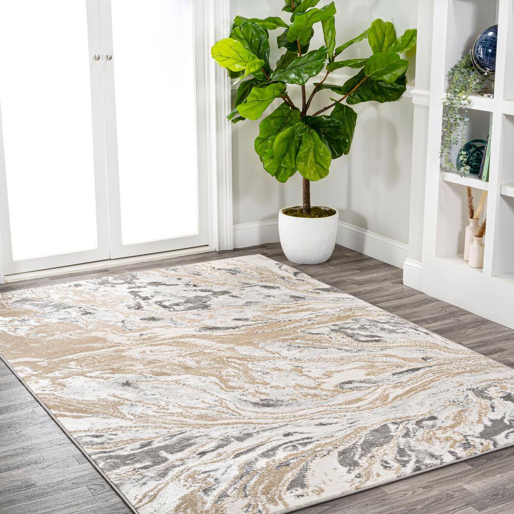 Beige and Ivory Marbled Abstract 4x6 Area Rug
