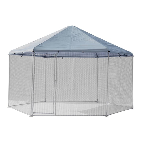 Tunearary 13.1 ft. x 8.6 ft. Hexagonal Large Metal Chicken Coop Oxford Fabric Canopy, Waterproof and UV Resistant