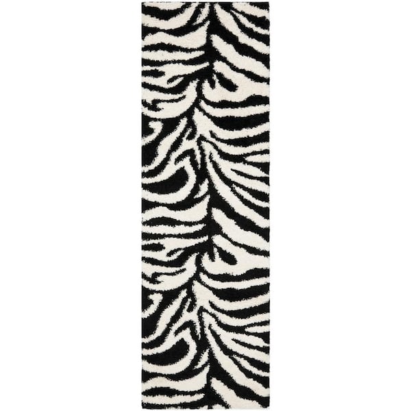 Florida Shag 2 ft. x 19 ft. Ivory/Black Animal Striped Runner Rug