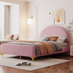 Pink Wood Frame Full Size Upholstered Velvet Platform Bed with 2 Metal Legs and Semi-circular Headboard