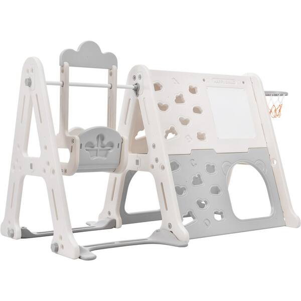 Unbranded 6-in-1 Gray HDPE Playset with Tunnel, Climber, Whiteboard, Toy Building Block Baseplates, Basketball Hoop