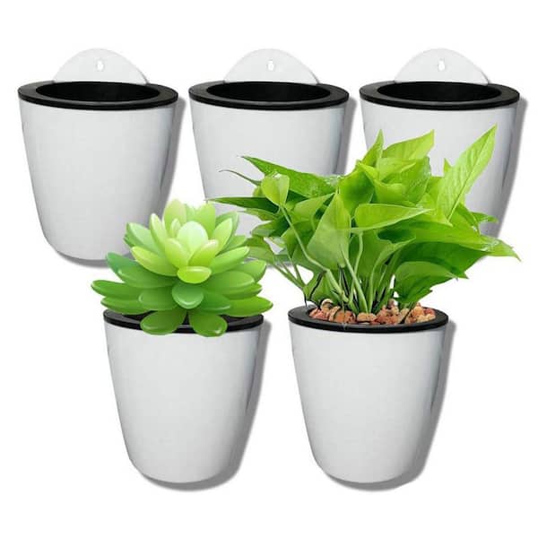 5-Pack 4.25 in. White Plastic Self-Watering Hanging Planter with Hooks for Indoor Outdoor Plants