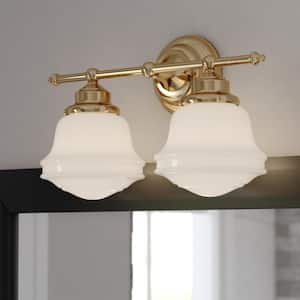 Huntley 16 in. W 2 Light Vanity Light Gold Brass Farmhouse Bathroom Wall Fixture White Schoolhouse Glass