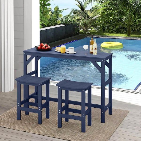 For 2-Person Dark Blue 3-Piece HDPE Plastic Rectangle 37.6 in. Outdoor Bistroor Patio Bar Set Table w/ Chair Dining Set