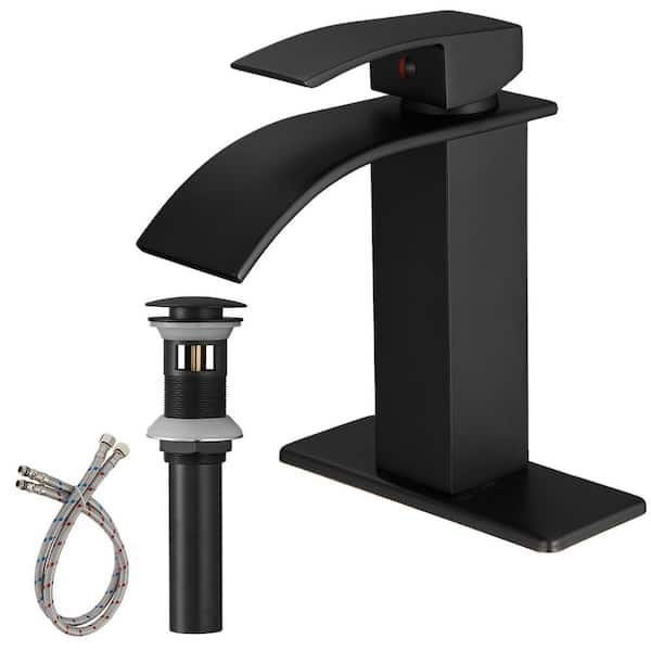HOMEMYSTIQUE Waterfall Single Hole Single-Handle Low-Arc Bathroom Faucet With Pop-up Drain Assembly in Matte Black