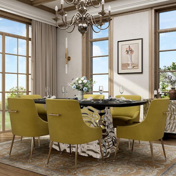 7-Piece Wooden Top Stainless Steel Water Ripple Dining Table Set with Green Velvet Dining Chair (Seats of 6)