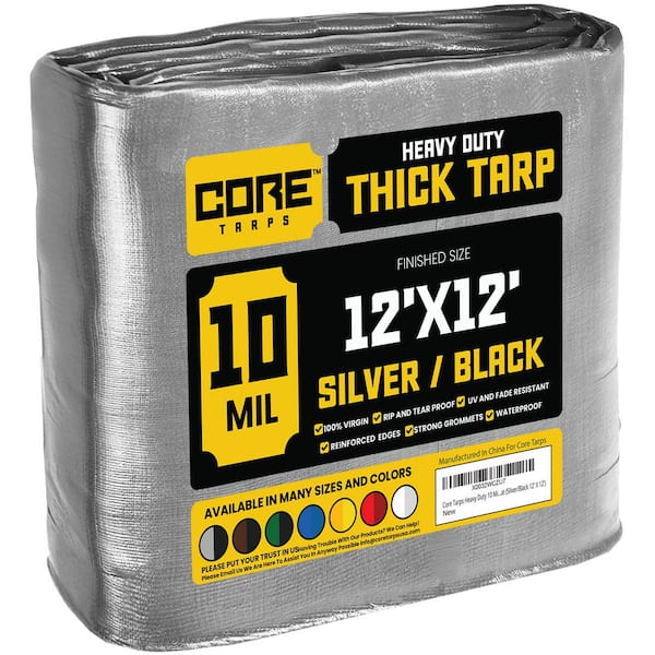CORE TARPS 12 ft. x 12 ft. Silver/Black 10 Mil Heavy Duty Polyethylene Tarp, Waterproof, UV Resistant, Rip and Tear Proof