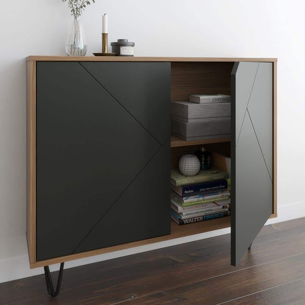 Nutmeg and Charcoal Grey Slim 2-Door Storage Cabinet with Adjustable Shelving