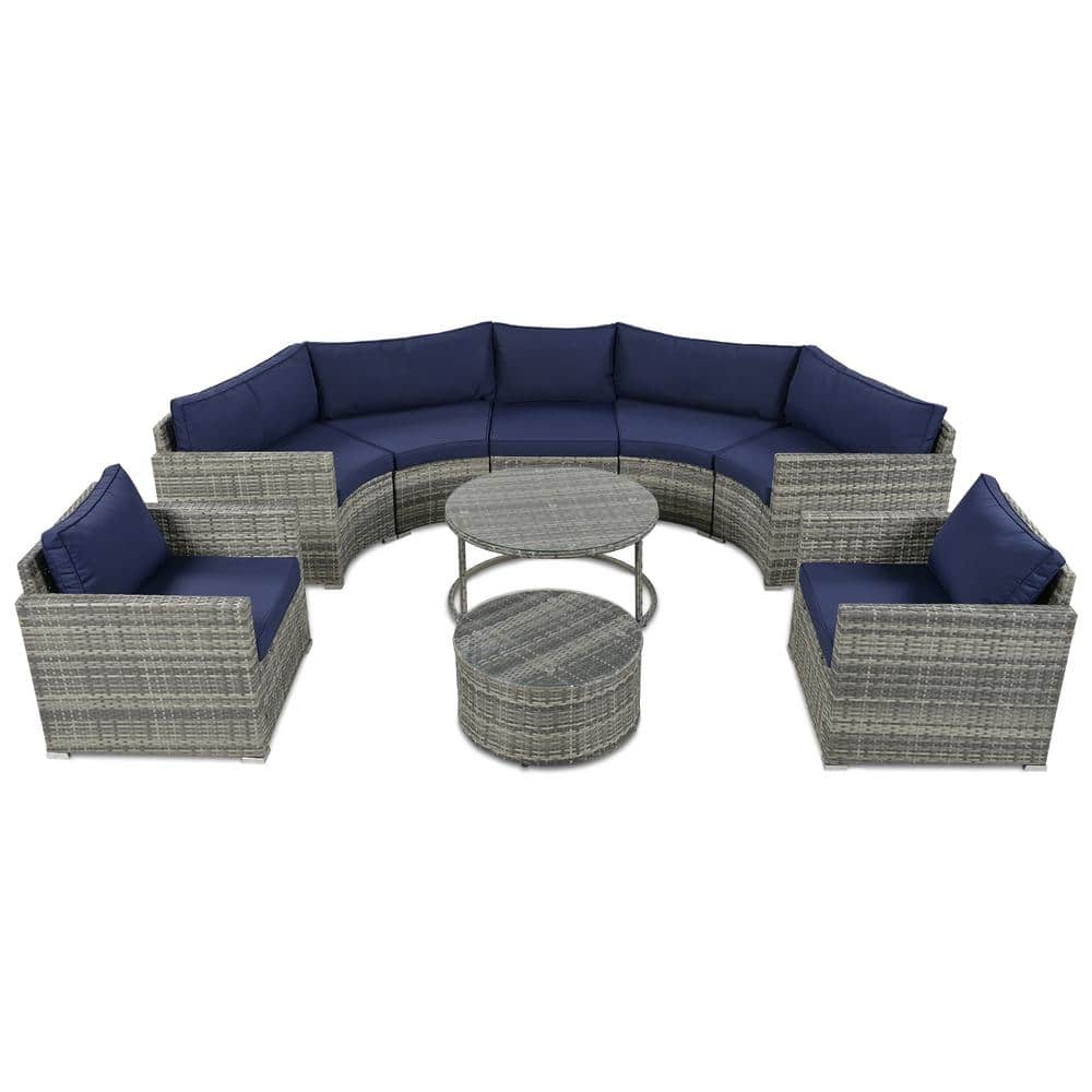 9 Piece Wicker Outdoor Half Moon Patio Sectional Sofa Set with Round Coffee