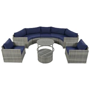 9 Piece Wicker Outdoor Half Moon Patio Sectional Sofa Set with Round Coffee Table, Gray Wicker with Blue Cushions
