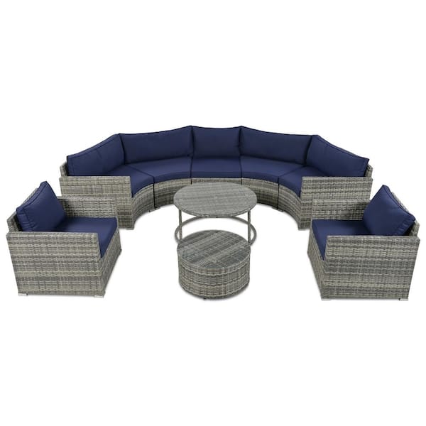 Unbranded 9 Piece Wicker Outdoor Half Moon Patio Sectional Sofa Set with Round Coffee Table, Gray Wicker with Blue Cushions