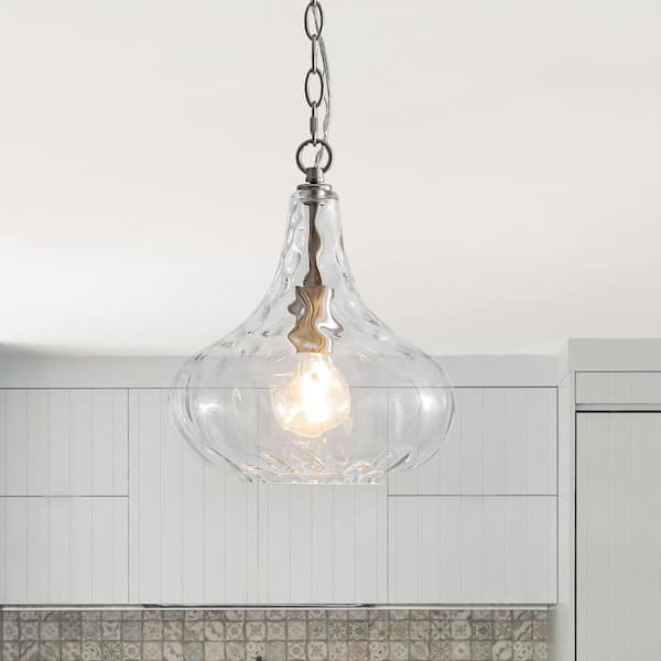 60-Watt 1 Light Brushed Nickel Modern Indoor Mini Pendant Light with Hammered Glass Shade Vintage Ceiling Light Fixture
