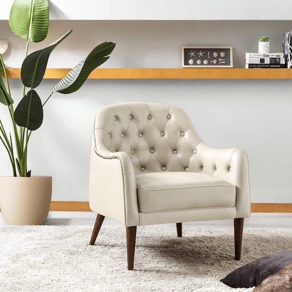 JAYDEN CREATION Clara Beige 28.5 in. Wide Classic Style Genuine Leather Barrel Chair with Tufted Back and Solid Wood Legs