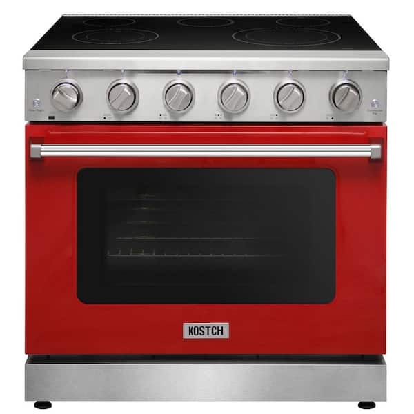 36 in. 5 Elements Freestanding Electric Range in Stainless Steel with 6.0 cu. ft. True Convection and Red Oven Door