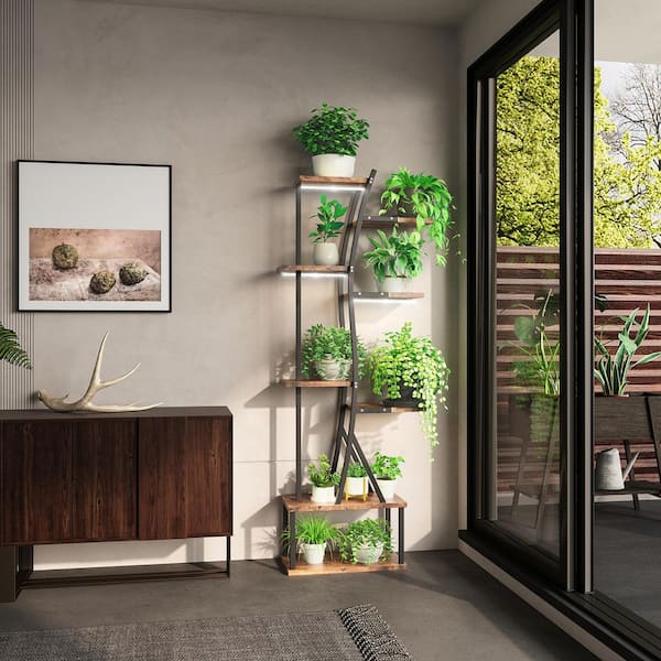 8-Tiered 64.4 in. Tall Brown Rectangle Particle Board Indoor Plant Stand w/Grow Lights Plant Shelf Flower Holder Rack