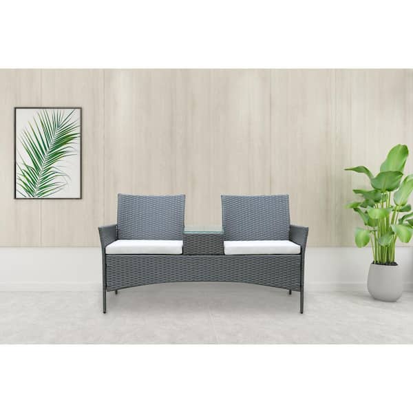 Jushua Dark Brown PE Wicker Outdoor Loveseat with White Removable Cushions and Tempered Glass Top Table
