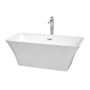 Tiffany 59 in. Acrylic Flat Bottom Center Drain Soaking Tub in White with Floor Mounted Faucet in Chrome