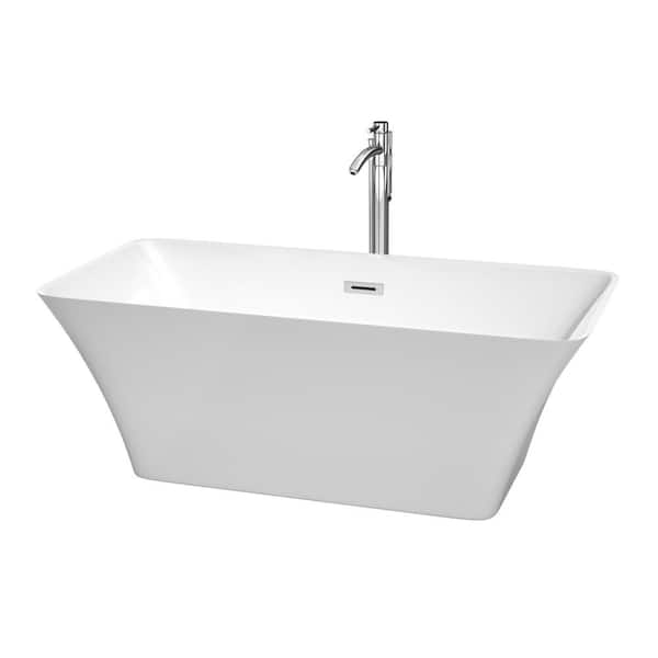 Wyndham Collection Tiffany 59 in. Acrylic Flat Bottom Center Drain Soaking Tub in White with Floor Mounted Faucet in Chrome