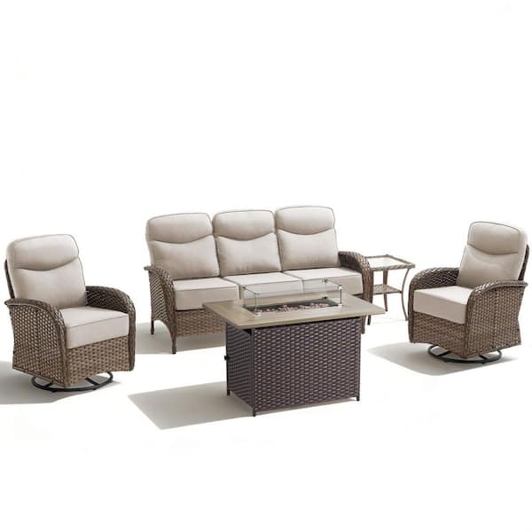 High Crescent 5-Piece Brown Wicker Patio Conversation Set with Beige Cushions and Rectangular Fire Pit Table