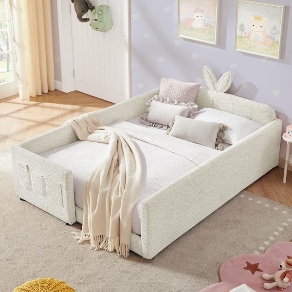Ciara Animals Beige Upholstered Boucle Fabric Full Size Kids Platform Bed with Rabbit Ear Headboard