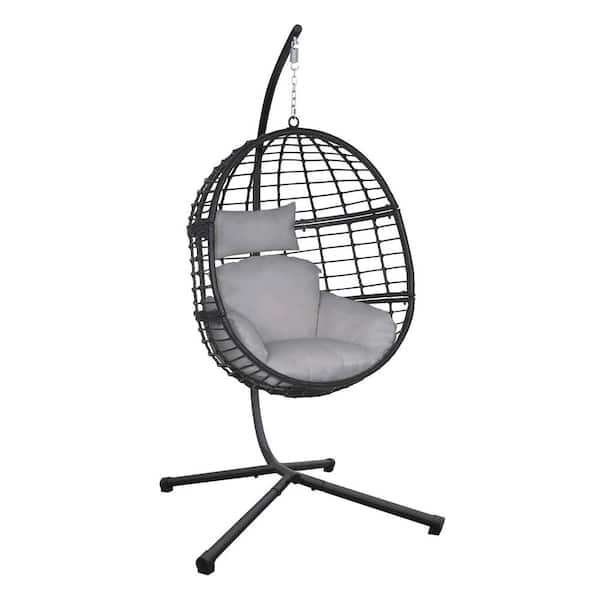 Sudzendf Outdoor Iron Wicker Patio Swing Egg Chair with Stand and Gray