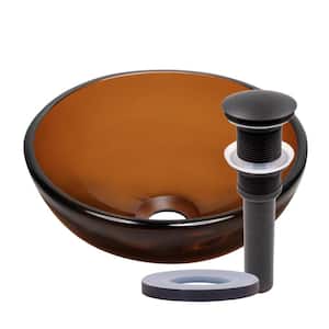 12 in. Mini Clear Brown Tempered Glass Round Bathroom Vessel Sink with Drain in Oil Rubbed Bronze