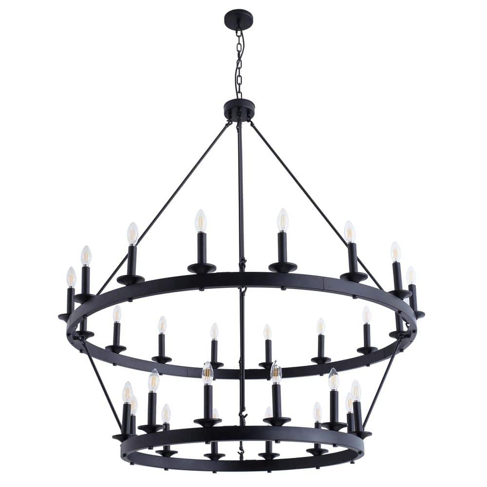 47.2 in. 28-Light Farmhouse Black 2-Tier Wagon Wheel Candle Chandelier Roun