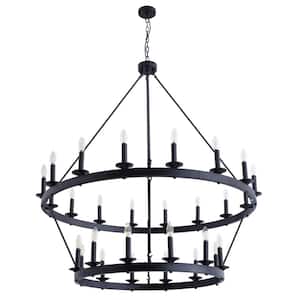 47.2 in. 28-Light Farmhouse Black 2-Tier Wagon Wheel Candle Chandelier Round Industrial Pendant Lighting