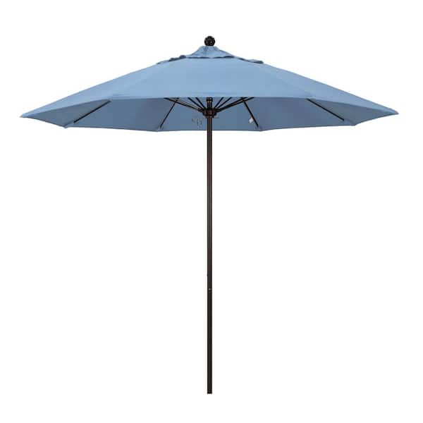 California Umbrella 9 ft. Bronze Aluminum Commercial Market Patio Umbrella with Fiberglass Ribs and Push Lift in Air Blue Sunbrella