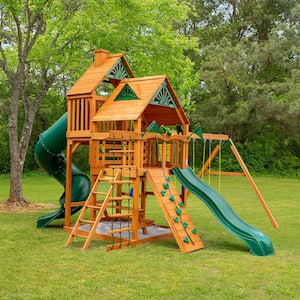 Great Skye I Wooden Outdoor Playset with 2 Wave Slides, Picnic Table, Rock Wall, and Backyard Swing Set Accessories