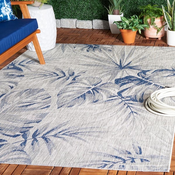 Courtyard Gray/Navy 7 ft. x 7 ft. Oversized Floral Indoor/Outdoor Square Area Rug